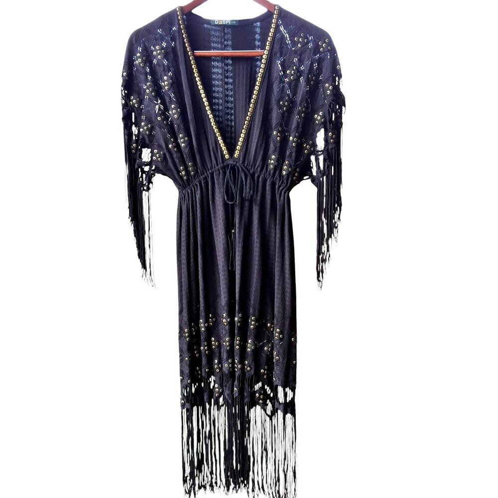 Despi Black Fringe Swimsuit Cover-Up Dress With Gold Sequins & Empire Waist Sz L
